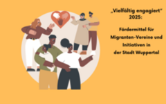 Flyer Vielfältig engagiert 2025: Kreis mit Menschen, Familien und Paaren scheinbar unterschiedlicher Kulturen und Herkunfte