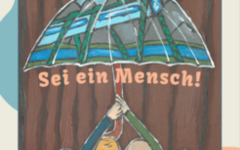 Plakat Internationale Wochen gegen Rassismus in Wuppertal: vier Menschen stehen unter einem Regenschirm