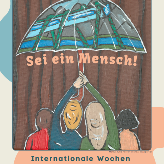 Plakat Internationale Wochen gegen Rassismus in Wuppertal: vier Menschen stehen unter einem Regenschirm
