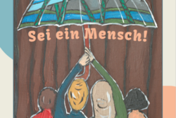 Plakat Internationale Wochen gegen Rassismus in Wuppertal: vier Menschen stehen unter einem Regenschirm