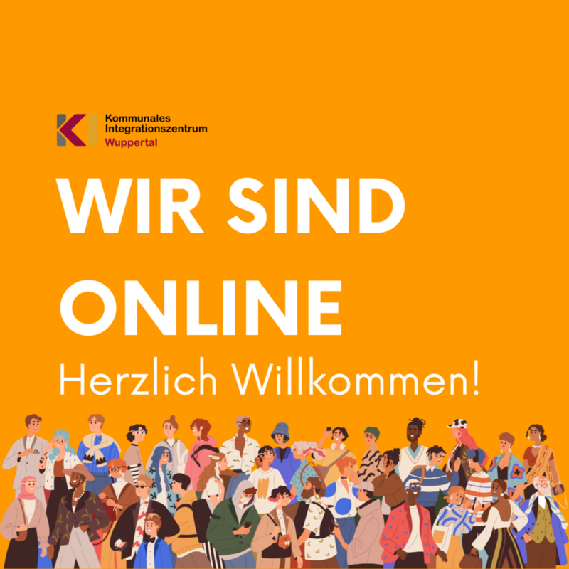 Bild mit vielen bunten Menschen mit dem Logo vom KI Wuppertal und den Titel "Wir Sind Online, Herzlich Willkommen!"